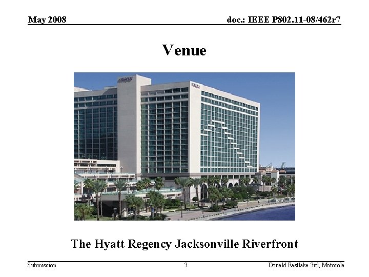 May 2008 doc. : IEEE P 802. 11 -08/462 r 7 Venue The Hyatt