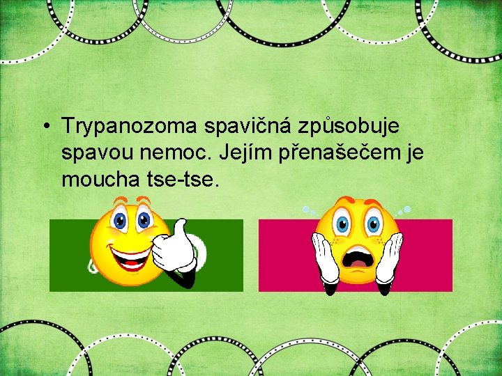  • Trypanozoma spavičná způsobuje spavou nemoc. Jejím přenašečem je moucha tse-tse. 