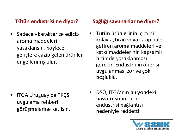 Tütün endüstrisi ne diyor? Sağlığı savunanlar ne diyor? • Sadece «karakterize edici» aroma maddeleri