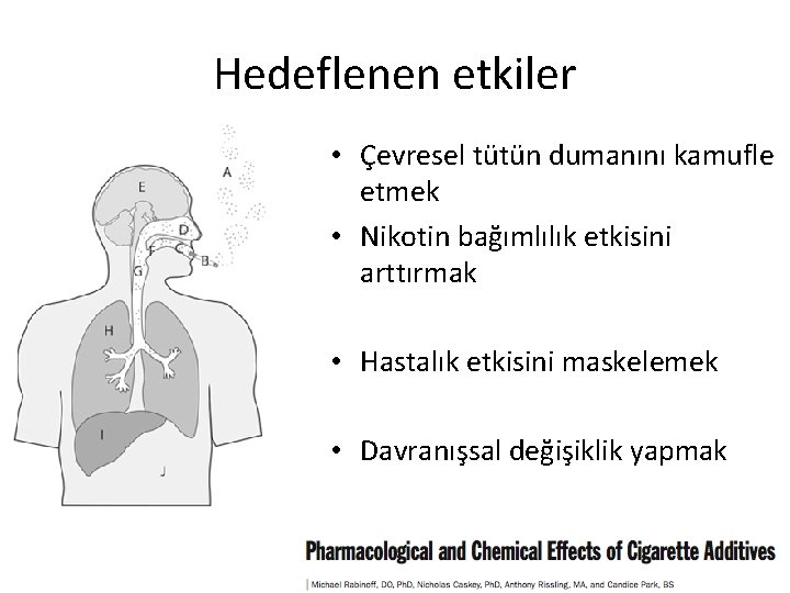 Hedeflenen etkiler • Çevresel tütün dumanını kamufle etmek • Nikotin bağımlılık etkisini arttırmak •