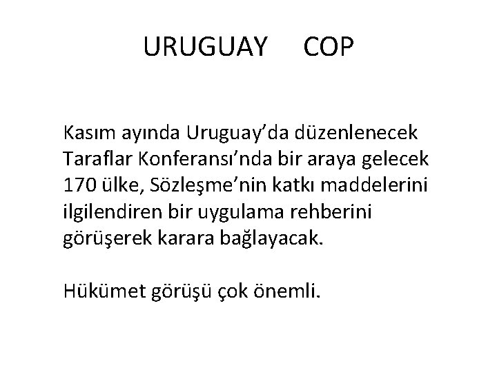 URUGUAY COP Kasım ayında Uruguay’da düzenlenecek Taraflar Konferansı’nda bir araya gelecek 170 ülke, Sözleşme’nin