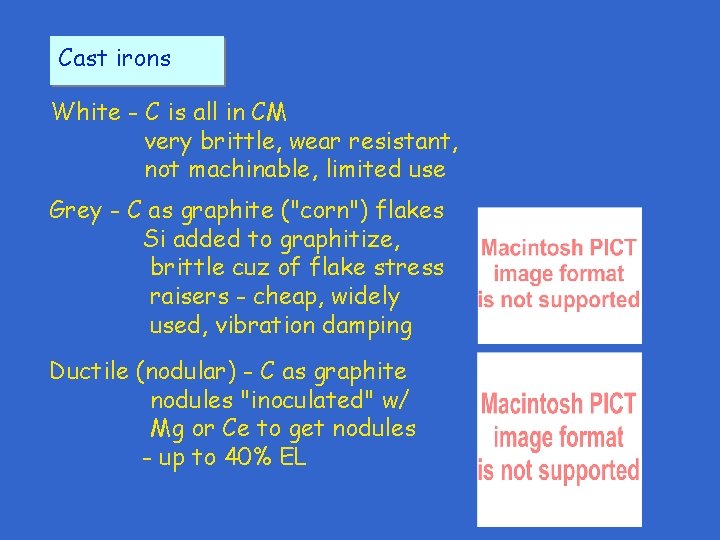 Cast irons White - C is all in CM very brittle, wear resistant, not