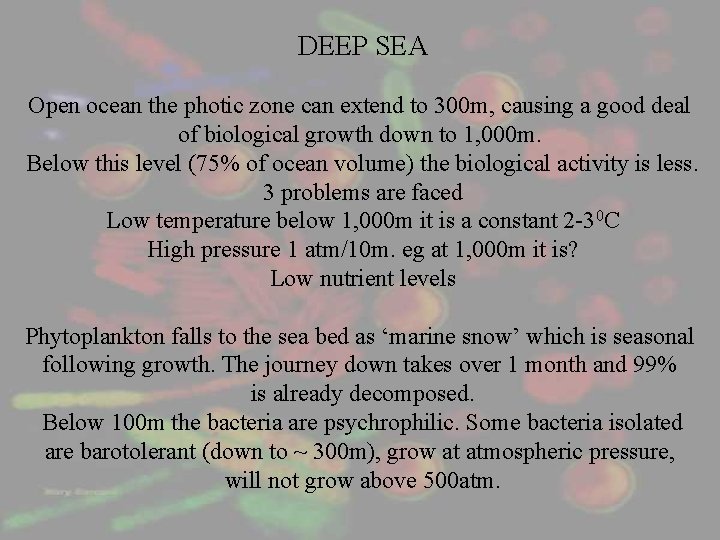 DEEP SEA Open ocean the photic zone can extend to 300 m, causing a