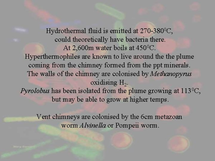 Hydrothermal fluid is emitted at 270 -3800 C, could theoretically have bacteria there. At
