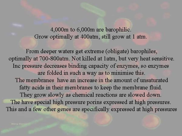 4, 000 m to 6, 000 m are barophilic. Grow optimally at 400 atm,