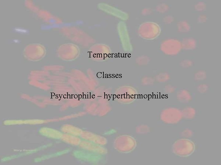 Temperature Classes Psychrophile – hyperthermophiles 
