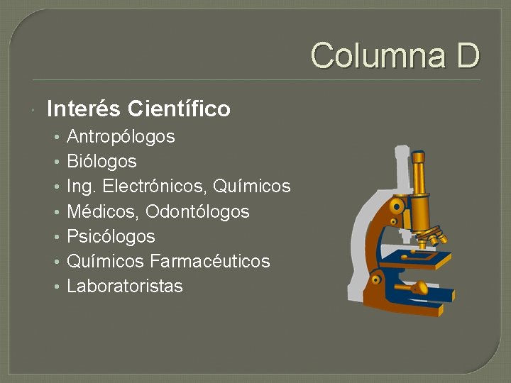 Columna D Interés Científico • • Antropólogos Biólogos Ing. Electrónicos, Químicos Médicos, Odontólogos Psicólogos