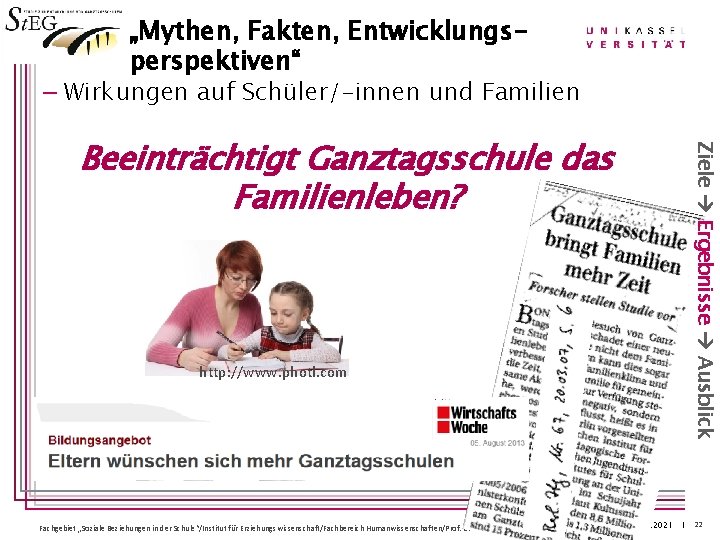 „Mythen, Fakten, Entwicklungsperspektiven“ – Wirkungen auf Schüler/-innen und Familien Ziele Ergebnisse Ausblick Beeinträchtigt Ganztagsschule