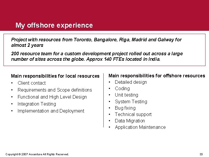 My offshore experience Project with resources from Toronto, Bangalore, Riga, Madrid and Galway for