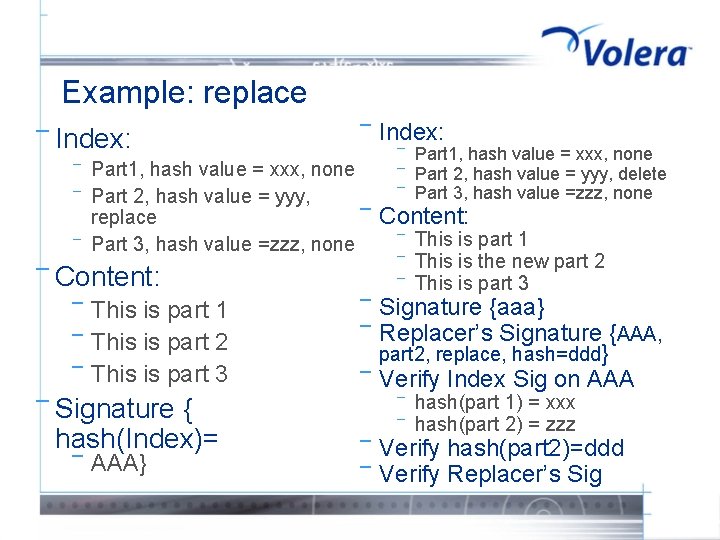Example: replace ¯ Index: ¯ ¯ Part 1, hash value = xxx, none Part