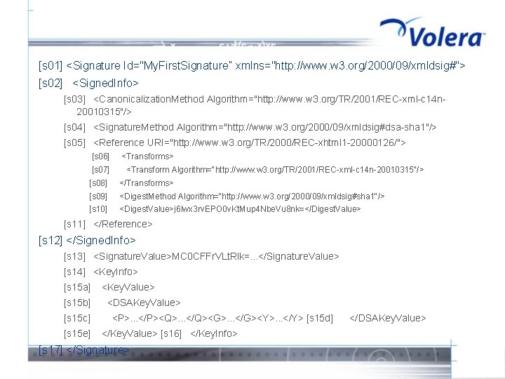 [s 01] <Signature Id="My. First. Signature” xmlns="http: //www. w 3. org/2000/09/xmldsig#"> [s 02] <Signed.