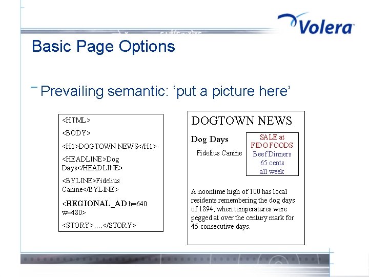 Basic Page Options ¯ Prevailing semantic: ‘put a picture here’ <HTML> <BODY> <H 1>DOGTOWN