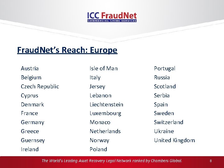 Fraud. Net’s Reach: Europe Austria Belgium Czech Republic Cyprus Denmark France Germany Greece Guernsey