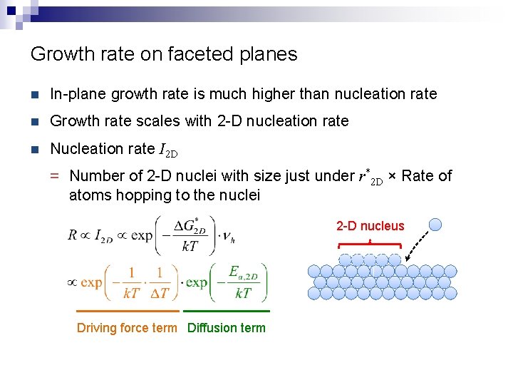 Growth rate on faceted planes n In-plane growth rate is much higher than nucleation