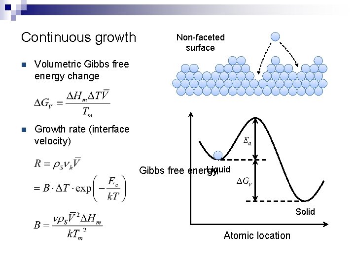 Continuous growth n Volumetric Gibbs free energy change n Growth rate (interface velocity) Non-faceted