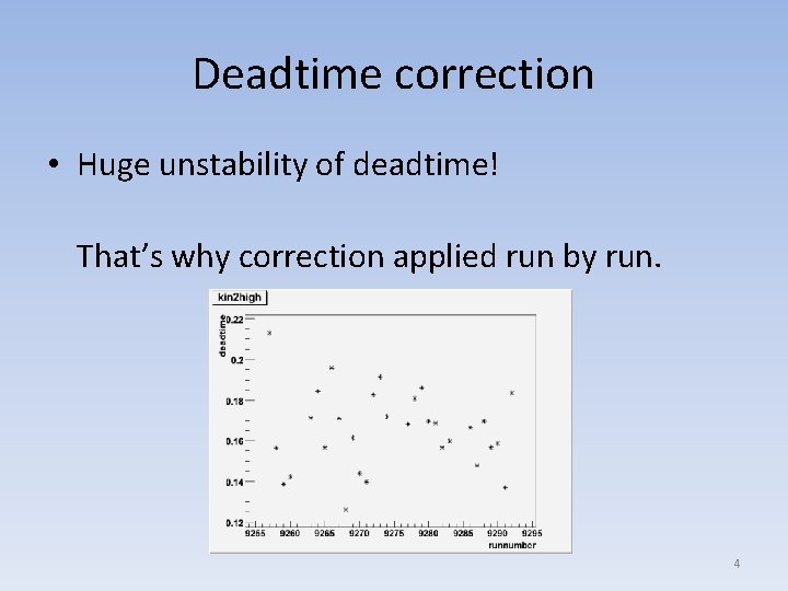 Deadtime correction • Huge unstability of deadtime! That’s why correction applied run by run.