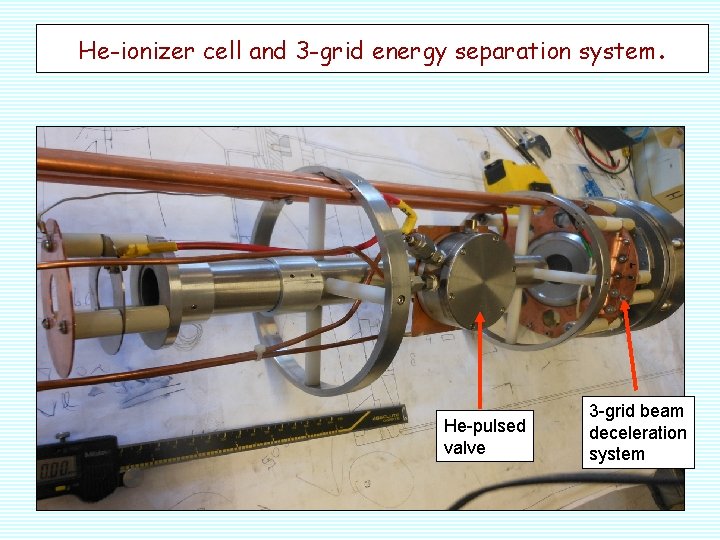 He-ionizer cell and 3 -grid energy separation system. He-pulsed valve 3 -grid beam deceleration