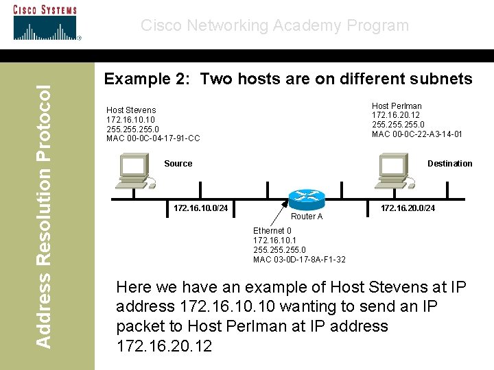 Address Resolution Protocol Cisco Networking Academy Program Example 2: Two hosts are on different