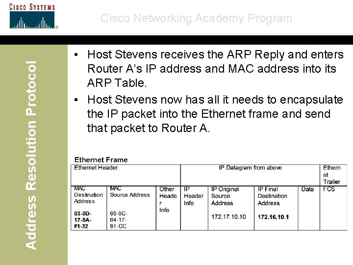 Address Resolution Protocol Cisco Networking Academy Program • Host Stevens receives the ARP Reply