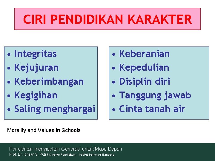 CIRI PENDIDIKAN KARAKTER • • • Integritas Kejujuran Keberimbangan Kegigihan Saling menghargai • •