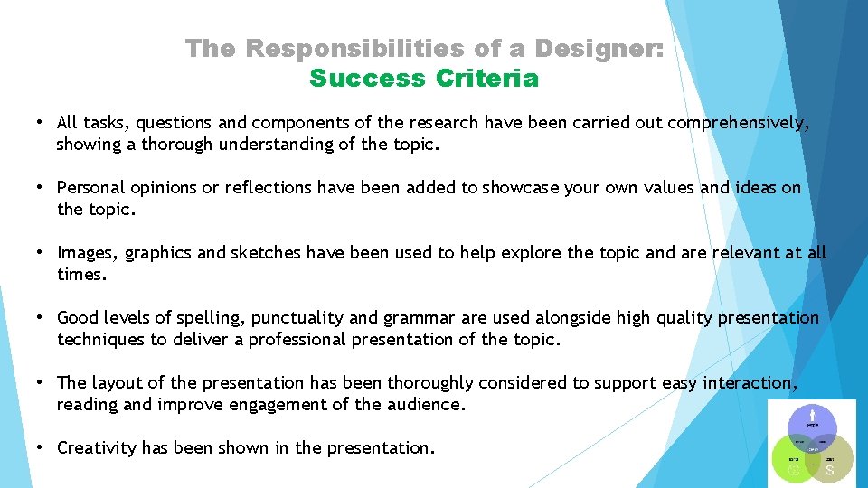 The Responsibilities of a Designer: Success Criteria • All tasks, questions and components of