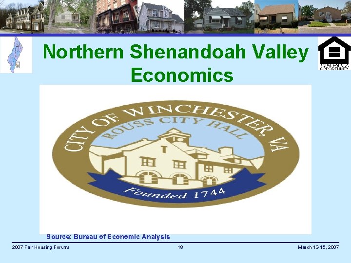 Northern Shenandoah Valley Economics Source: Bureau of Economic Analysis 2007 Fair Housing Forums 18