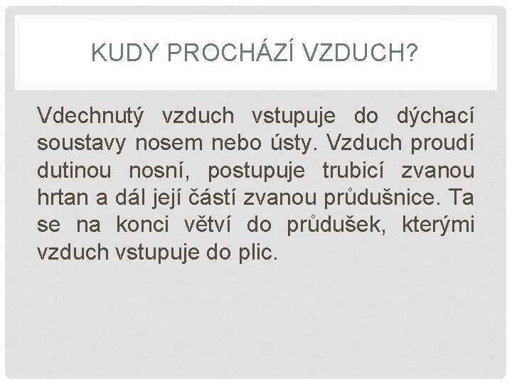 KUDY PROCHÁZÍ VZDUCH? Vdechnutý vzduch vstupuje do dýchací soustavy nosem nebo ústy. Vzduch proudí