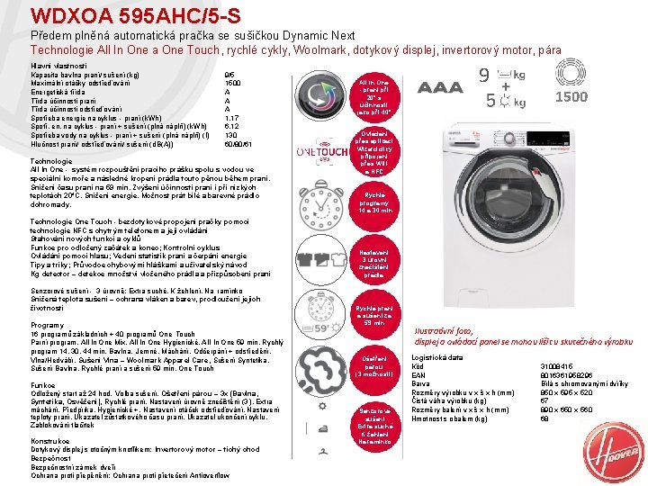 WDXOA 595 AHC/5 -S Předem plněná automatická pračka se sušičkou Dynamic Next Technologie All