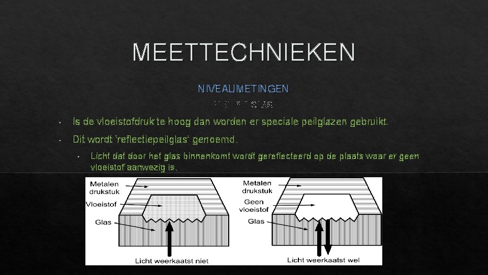 MEETTECHNIEKEN NIVEAUMETINGEN HET PEILGLAS • Is de vloeistofdruk te hoog dan worden er speciale