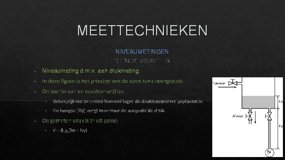 MEETTECHNIEKEN NIVEAUMETINGEN DE DRUKTRANSMITTER • Niveaumeting d. m. v. een drukmeting. • In deze