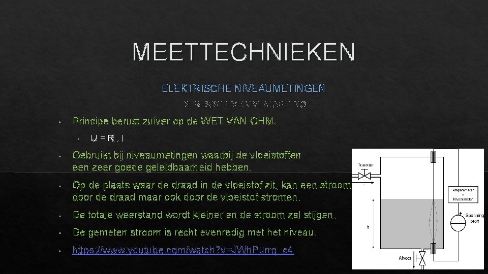 MEETTECHNIEKEN ELEKTRISCHE NIVEAUMETINGEN DE RESISTIEVE NIVEAUMETING • Principe berust zuiver op de WET VAN