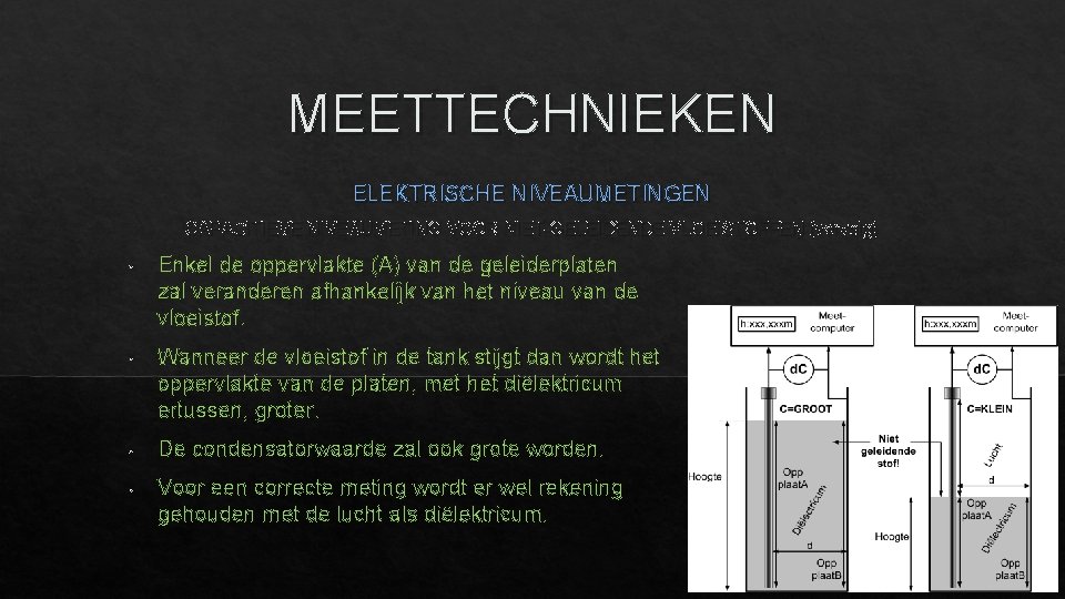 MEETTECHNIEKEN ELEKTRISCHE NIVEAUMETINGEN CAPACITIEVE NIVEAUMETING VOOR NIET-GELEIDENDE VLOEISTOFFEN (vervolg) • Enkel de oppervlakte (A)