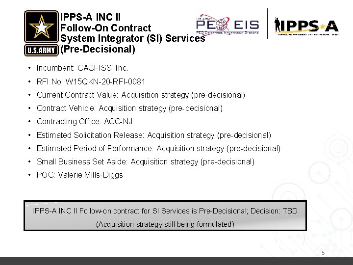 IPPS-A INC II Follow-On Contract System Integrator (SI) Services (Pre-Decisional) • Incumbent: CACI-ISS, Inc. IPPS-A INC II Follow-On Contract System Integrator (SI) Services (Pre-Decisional) • Incumbent: CACI-ISS, Inc.