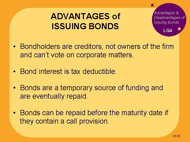 ADVANTAGES of ISSUING BONDS * Advantages & Disadvantages of Issuing Bonds * LG 4