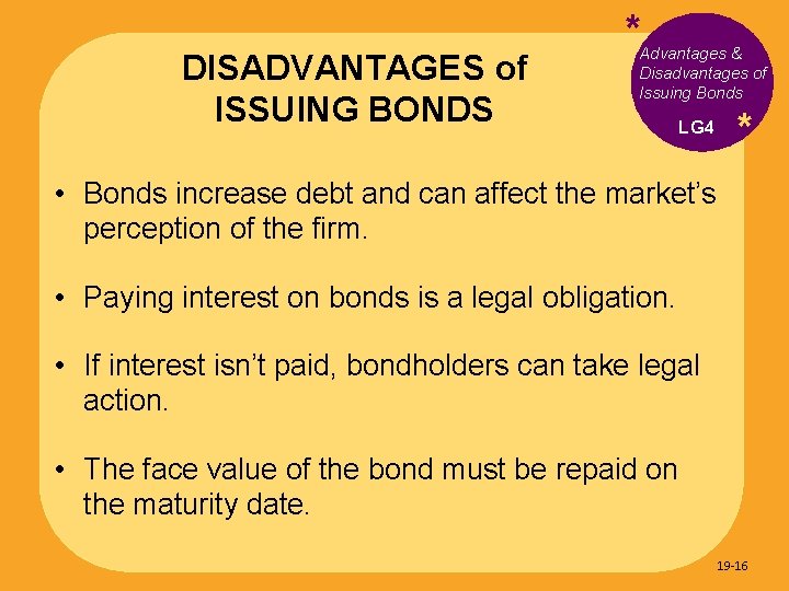 DISADVANTAGES of ISSUING BONDS * Advantages & Disadvantages of Issuing Bonds LG 4 *