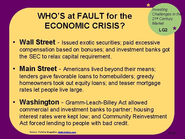 WHO’S at FAULT for the ECONOMIC CRISIS? * Investing Challenges in the 21 st