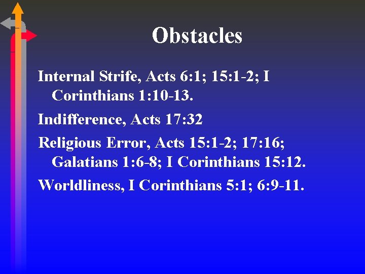Obstacles Internal Strife, Acts 6: 1; 15: 1 -2; I Corinthians 1: 10 -13.