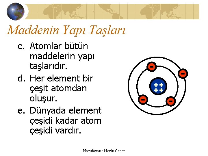 Maddenin Yapı Taşları c. Atomlar bütün maddelerin yapı taşlarıdır. d. Her element bir çeşit