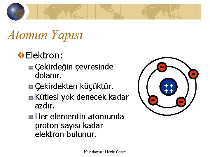 Atomun Yapısı Elektron: Çekirdeğin çevresinde dolanır. Çekirdekten küçüktür. Kütlesi yok denecek kadar azdır. Her