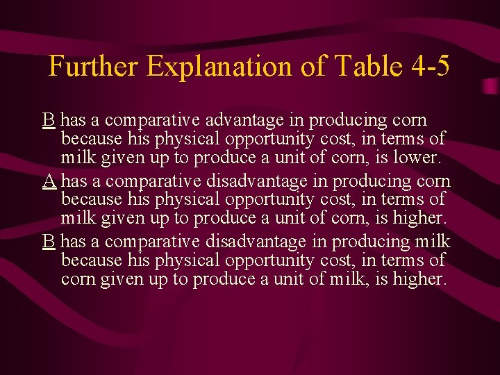 Further Explanation of Table 4 -5 B has a comparative advantage in producing corn