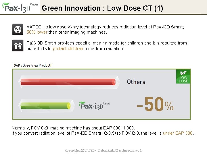 Green Innovation : Low Dose CT (1) VATECH’s low dose X-ray technology reduces radiation