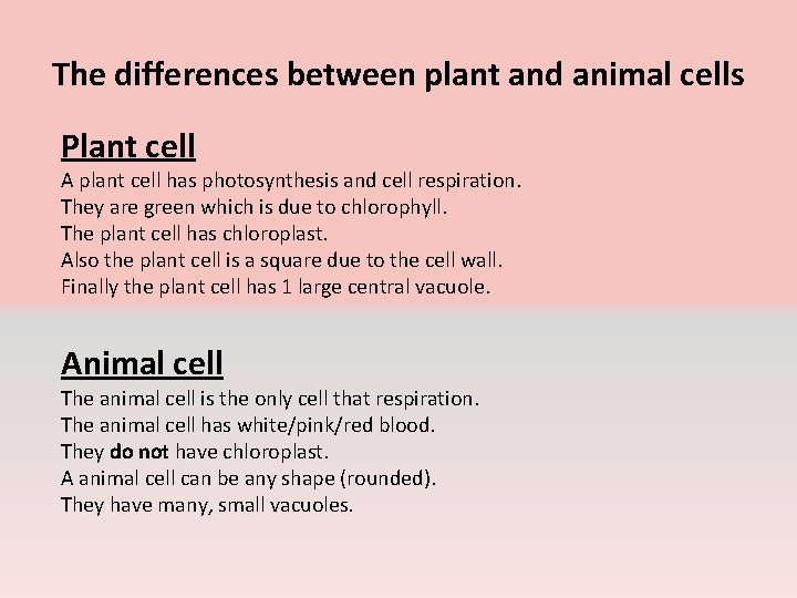 The differences between plant and animal cells Plant cell A plant cell has photosynthesis