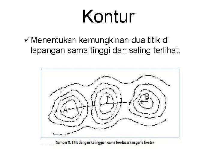 Kontur üMenentukan kemungkinan dua titik di lapangan sama tinggi dan saling terlihat. 