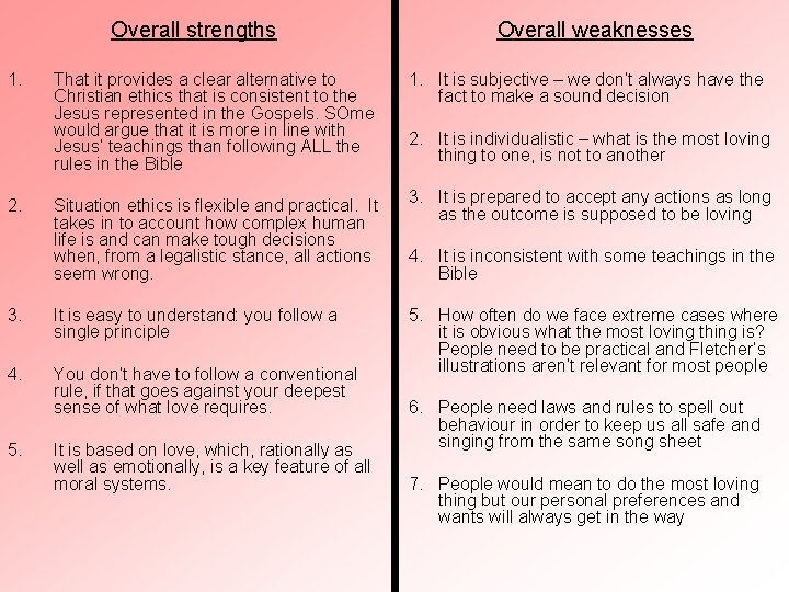 Overall strengths 1. 2. That it provides a clear alternative to Christian ethics that