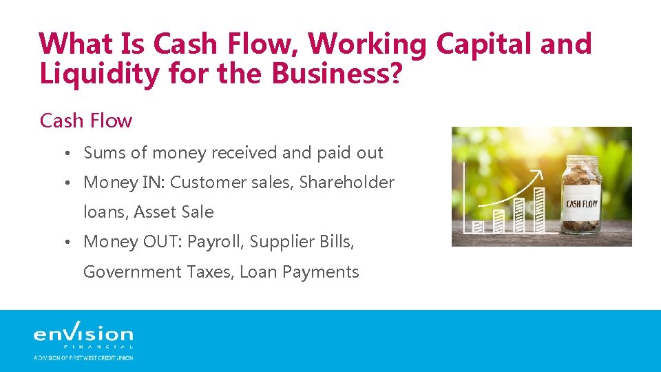 What Is Cash Flow, Working Capital and Liquidity for the Business? Cash Flow •
