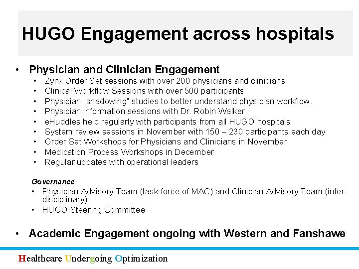 HUGO Engagement across hospitals • Physician and Clinician Engagement • • • Zynx Order