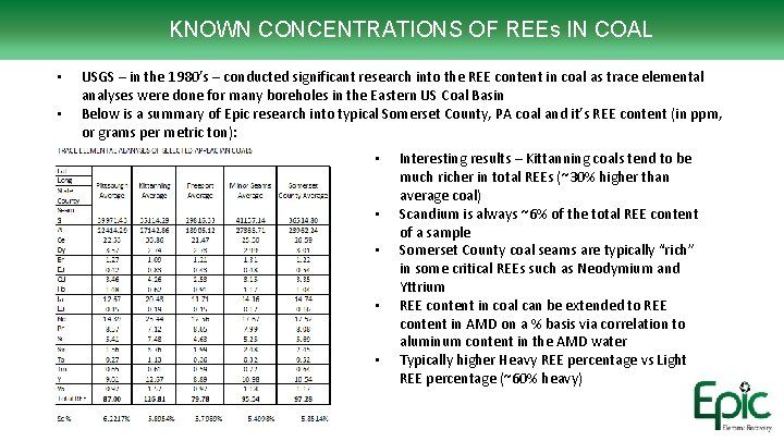 KNOWN CONCENTRATIONS OF REEs IN COAL • • USGS – in the 1980’s –