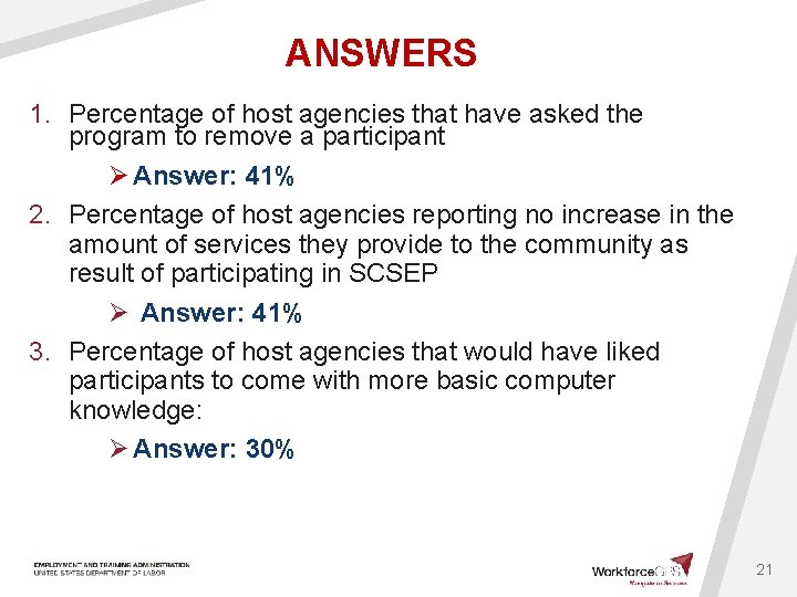 ANSWERS 1. Percentage of host agencies that have asked the program to remove a