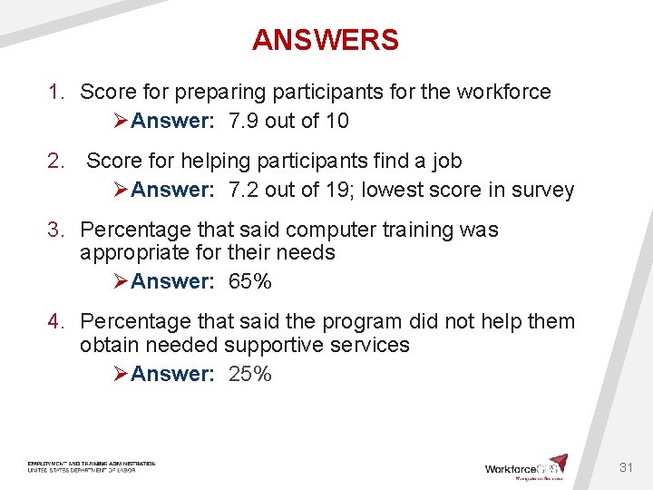 ANSWERS 1. Score for preparing participants for the workforce ØAnswer: 7. 9 out of