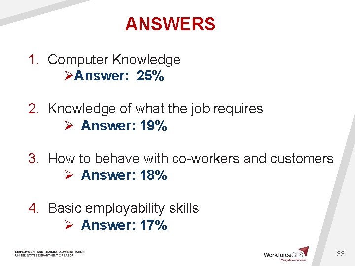 ANSWERS 1. Computer Knowledge ØAnswer: 25% 2. Knowledge of what the job requires Ø